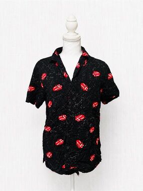 the Rolling Stones Black Short-Sleeve Button-Down Shirt with Red Tongue Motif